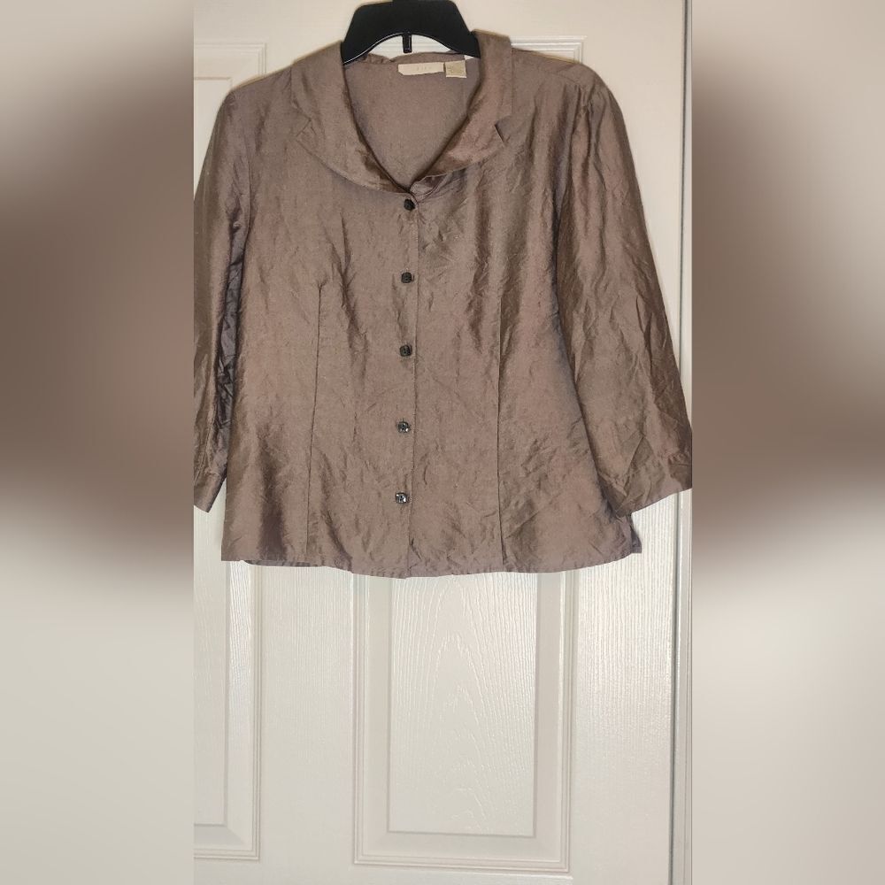 J. Jill 8 Brown 100% SILK 3/4 Sleeve Buttons Up Collared Women's Shirt Blouse
